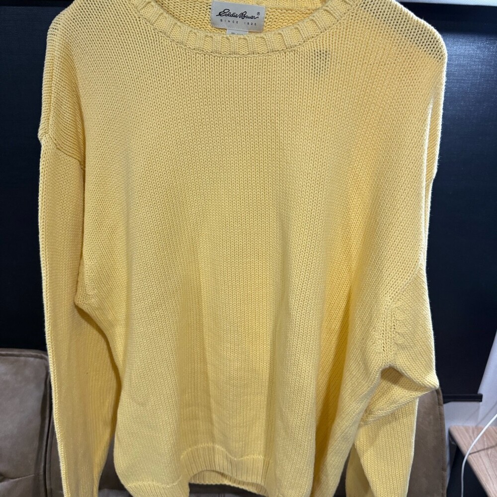 Vtg 90s Eddie Bauer Shaker Knit Cotton Crewneck Sweater Yellow Mens XL Gorpcore